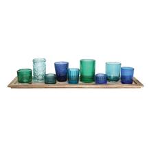 Blue & Green Glass Votive Holders & Wooden Tray Set